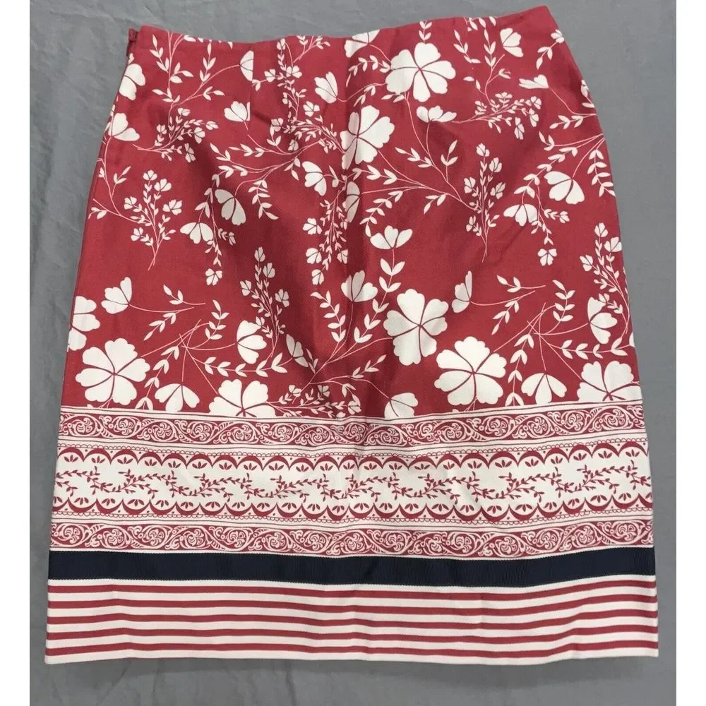 Ann‎ Taylor Loft Petite Skirt 10P Red Floral Pencil Mini Lined Cotton Career - Picture 4 of 8